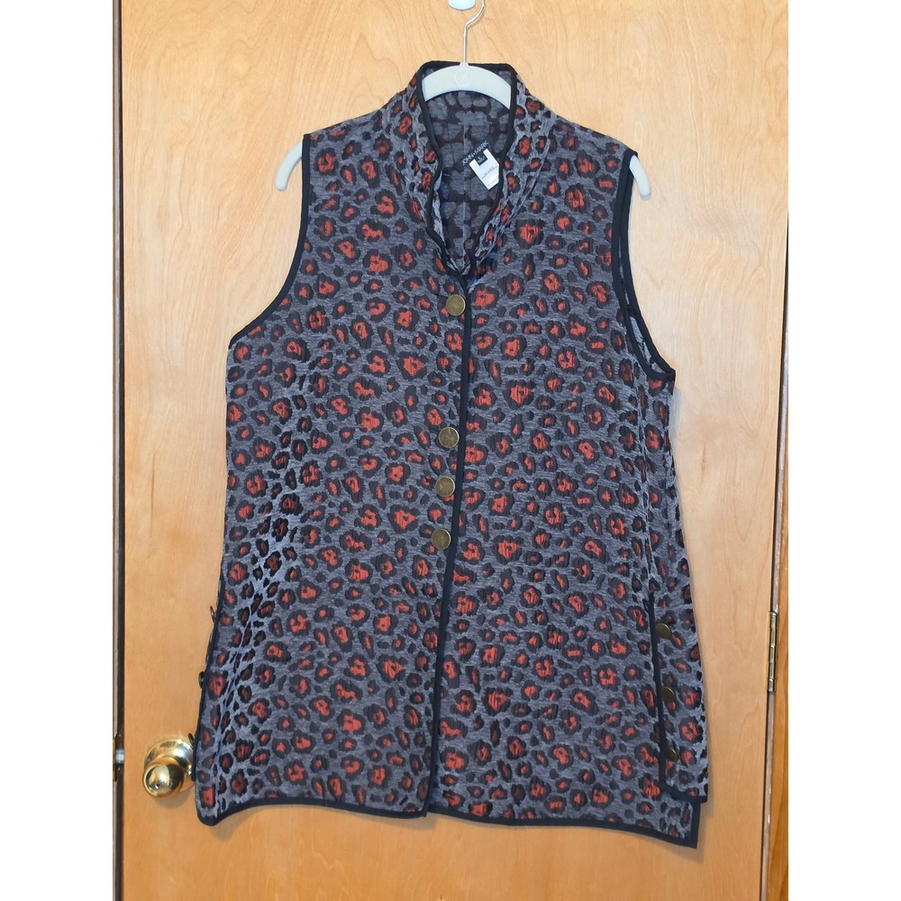 John Mark Reversible Leopard Duster Vest Grey Red Animal Print Mock Neck Large